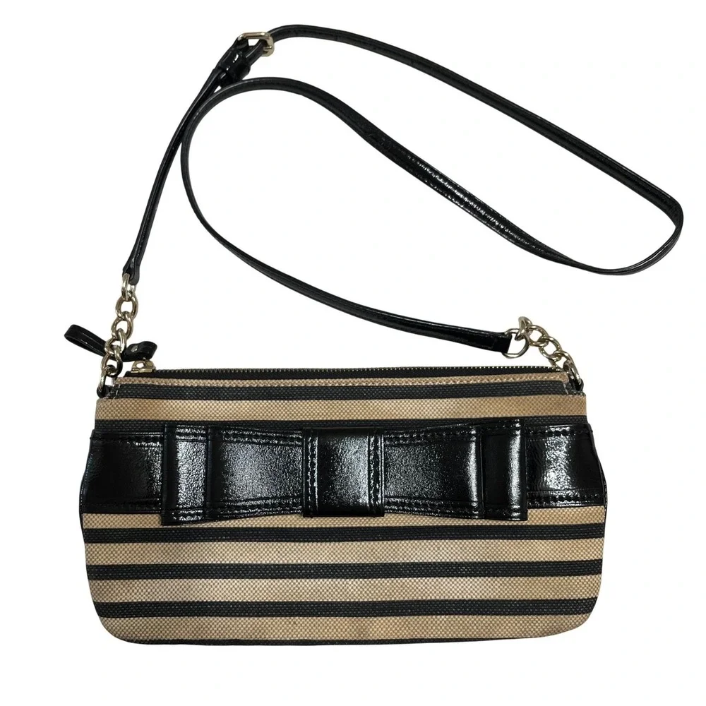 Kate Spade Villabella Ave. Celina Striped Bow Wristlet Clutch Black Tan Patent
